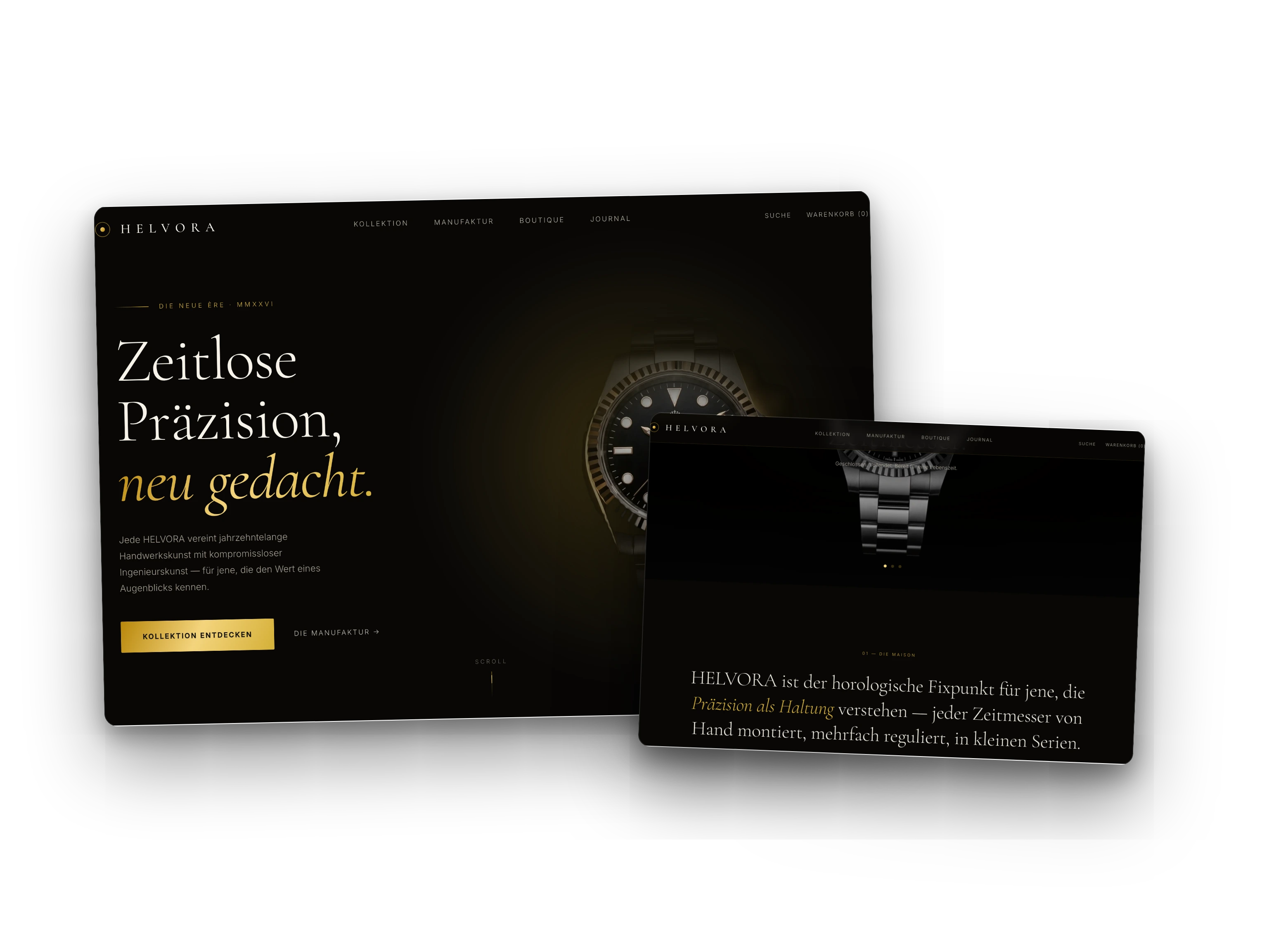 Website-Mockup von Helvora, einer Uhren-Manufaktur
