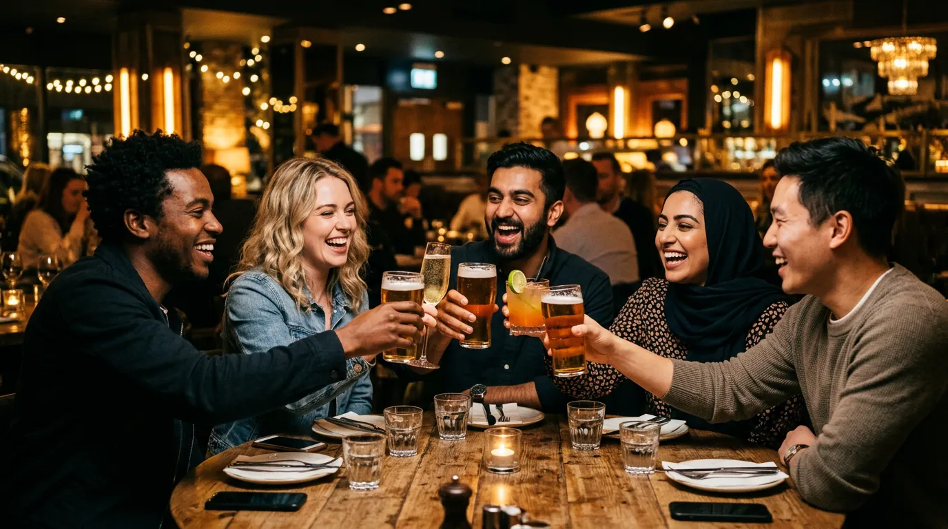 Friends toasting at Aurevin