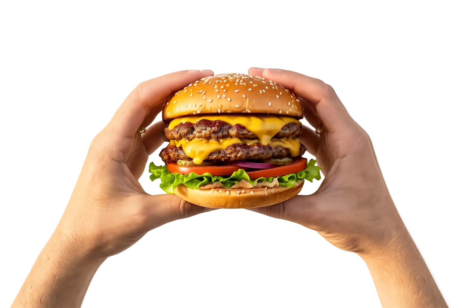 Zwei Hände halten einen frischen Cheeseburger