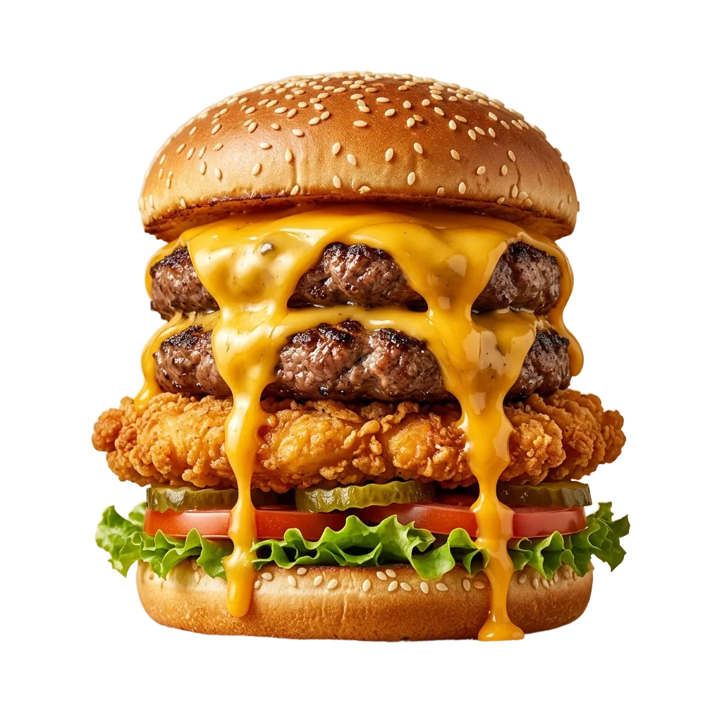 Hoher gestapelter Burger mit Käse, Patties und knusprigem Hähnchen